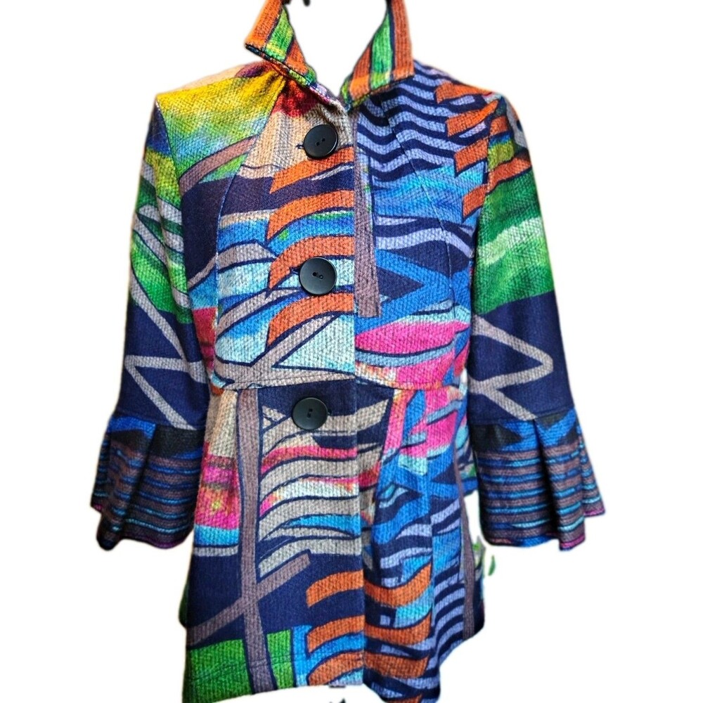 Ali Miles Womens PS Petite Multicolor Abstract Button Front Jacket Pockets